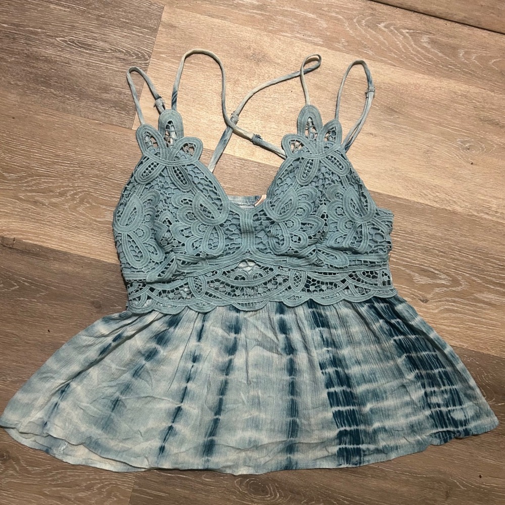 Lace Crochet Tie-Dye Camisole Top in Teal